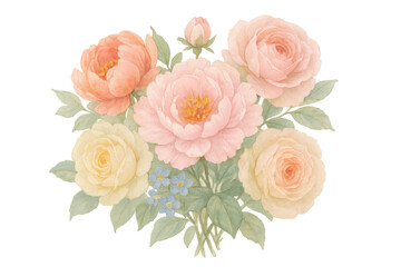 Delicate watercolor rose and peony bouquet with soft, transparent backdrop, perfect for romantic stationery design