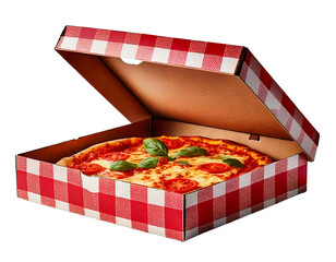 Fresh Margherita pizza with tomatoes and basil sits ready to enjoy in a red and white checke png
