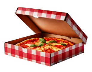 Fresh Margherita pizza with tomatoes and basil sits ready to enjoy in a red and white checke png