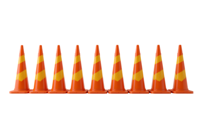 Row of Orange Traffic Cones – Yellow and Black Diagonal Stripes, Evenly Spaced on Sturdy Bases Isolated on Transparent Background