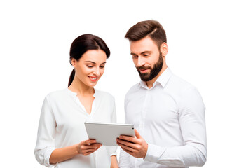 Business collaboration concept with professionals using tablet technology on transparent background, PNG