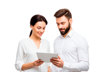 Business collaboration concept with professionals using tablet technology on transparent background, PNG