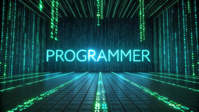 Photo of the word programmer is displayed in a green neon tunnel of code
