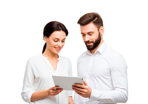 Business collaboration concept with professionals using tablet technology on transparent background, PNG - Powered by Adobe