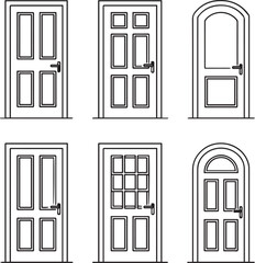 Illustration of six different doors with various designs and panel arrangements in a line art style