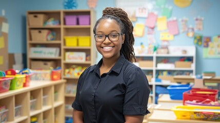 Confident Childcare Professional Standing in Classroom