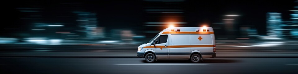 Speeding ambulance on night city street for emergency response