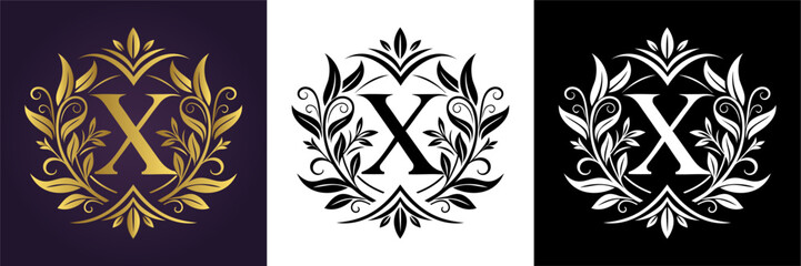 Luxury floral letter X logo design in gold black and white versions  