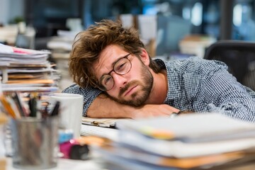 Exhausted office worker sleeping at desk with messy documents and files