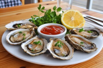 Fresh oysters with cocktail sauce, lemon and parsley on white plate