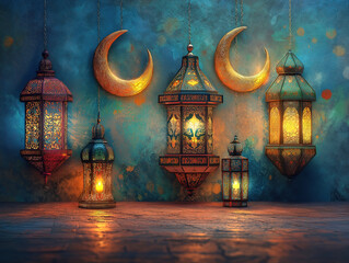 Obraz premium Crescent moon patterns and glowing lanterns in Islamic-themed decor