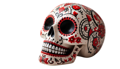 Decorative Sugar Skull – Traditional Día de los Muertos Symbol with Intricate Red and Black Patterns