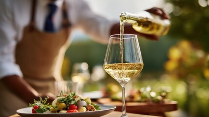 Close-up of a man waitress pouring white wine in a winery restaurant, with the wine glass filled to perfection and vineyard scenery in the background.