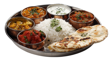 Traditional Indian thali featuring an array of spiced curries, rice, and bread on  wooden tray ,
Palak Paneer, Chiken Tikka, Biryani, Vegetable Curry, Papad, Dal, Palak Sabji, Jira Alu,Rice  Saffron