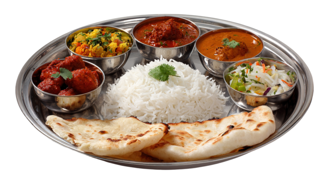 Traditional Indian thali featuring an array of spiced curries, rice, and bread on  wooden tray ,
Palak Paneer, Chiken Tikka, Biryani, Vegetable Curry, Papad, Dal, Palak Sabji, Jira Alu,Rice  Saffron