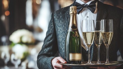 Close-up of a professional waiter elegantly carrying a bottle of champagne and flutes, ready to serve guests in a luxurious restaurant or event.