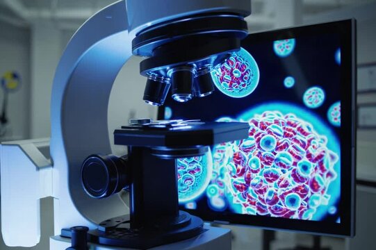 Exploration of microscopic life in a laboratory setting with advanced technology and vibrant visuals
