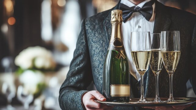 Close-up of a professional waiter elegantly carrying a bottle of champagne and flutes, ready to serve guests in a luxurious restaurant or event. - Powered by Adobe