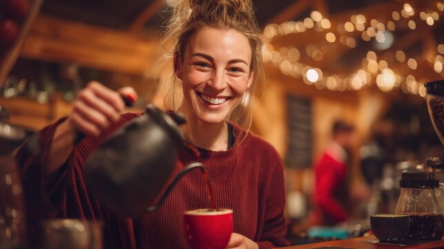Close-up of a smiling waitress pouring freshly brewed coffee into a mug, with a warm and cozy cafe atmosphere in the background.