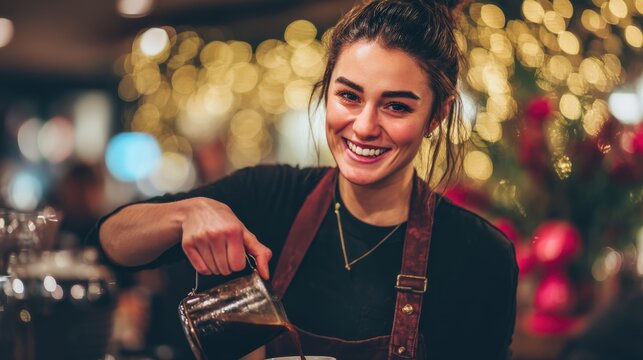 Close-up of a smiling waitress pouring freshly brewed coffee into a mug, with a warm and cozy cafe atmosphere in the background. - Powered by Adobe