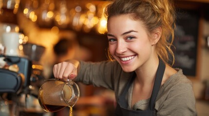 Close-up of a smiling waitress pouring freshly brewed coffee into a mug, with a warm and cozy cafe atmosphere in the background.