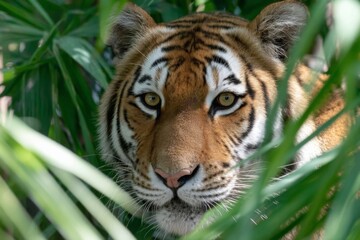 Fototapeta premium Closeup Portrait of a Tiger in Lush Green Foliage