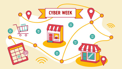 Illustration depicting cyber week with stores, shopping cart, tablet, and location markers connected by lines