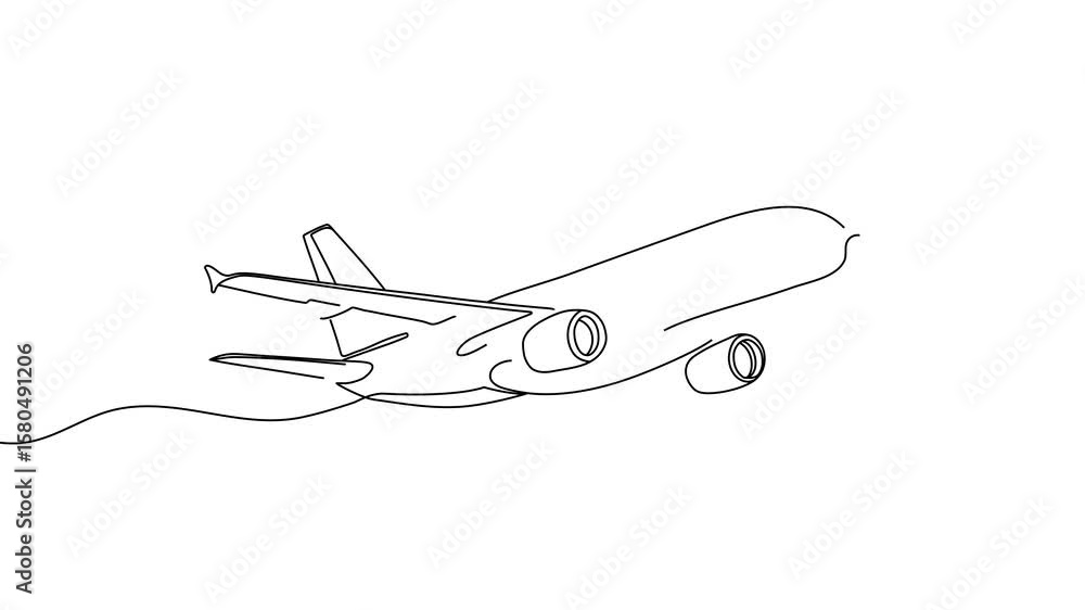 Poster animation of a single line drawing of an airplane. continuous contour movement of an airplane. conti