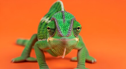 Obraz premium Green chameleon against orange background portrait