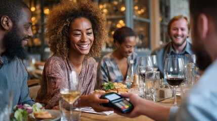 Close-up of a waiter taking payment with a card machine from a smiling woman for lunch, with friends chatting at the table and digital payment technology in use.
