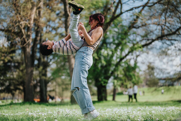 A cheerful mother lifts her child into the air, enjoying quality time outdoors amidst nature....