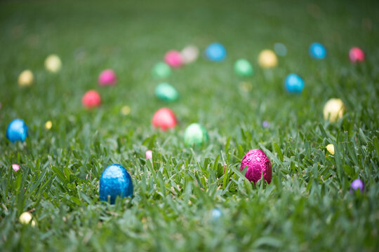 Multicoloured easter eggs in grass