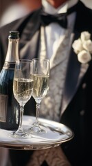 Close-up of a waiter with a bottle of champagne and two elegant flutes, ready to serve guests at a formal event or luxurious restaurant.