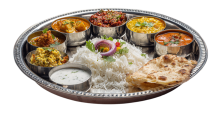 Traditional Indian thali featuring an array of spiced curries, rice, and bread on  wooden tray ,
Palak Paneer, Chiken Tikka, Biryani, Vegetable Curry, Papad, Dal, Palak Sabji, Jira Alu,Rice  Saffron