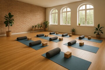 Serene yoga studio setup.