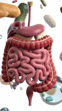 Anatomical Model of the Digestive System Detailed View Featuring Gastrointestinal Tract on White Background with Food and Pills Ideal For Medical Illustration and Educational Use