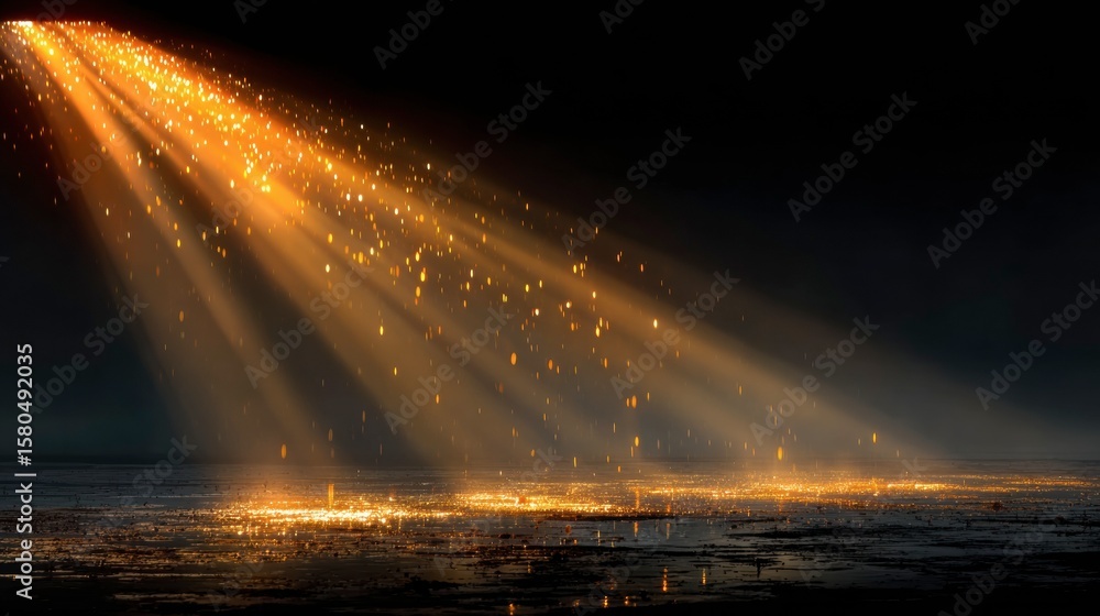 Poster golden rays: a captivating image of luminous, golden beams of light cascading down, creating an ethe