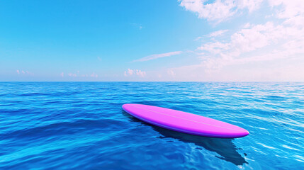 Vibrant pink surfboard floats on calm blue ocean waters under clear sky, creating serene and inviting atmosphere