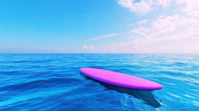 Vibrant pink surfboard floats on calm blue ocean waters under clear sky, creating serene and inviting atmosphere - Powered by Adobe