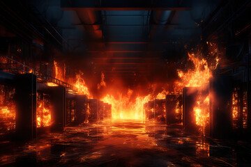 High-tech design showing the devastation caused by fire in a modern server room