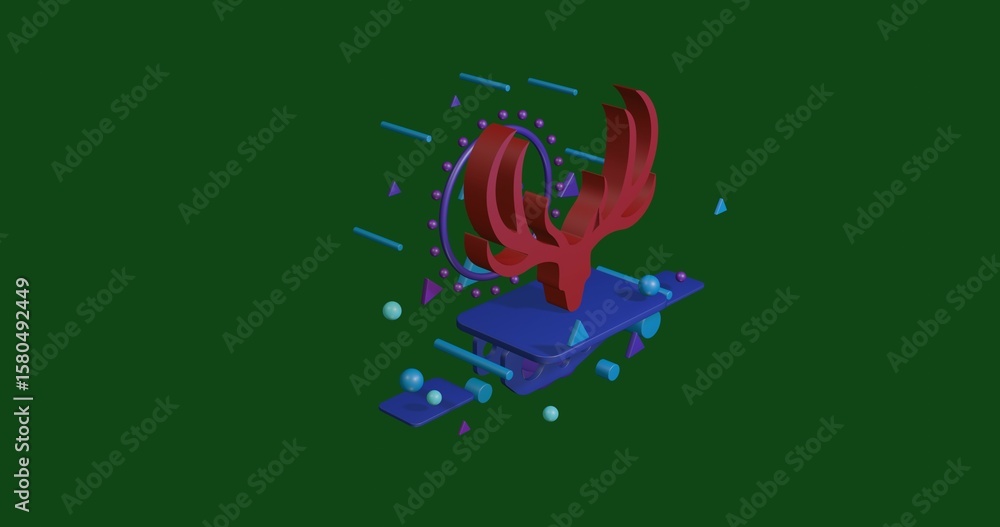 Poster red deer horns symbol on a pedestal of abstract geometric shapes floating in the air. abstract conce