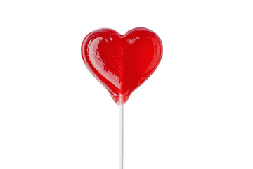 Red heart-shaped lollipop isolated on white transparent background