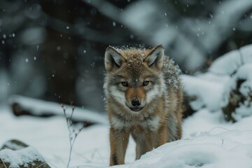 Fototapeta premium Wolf cub standing in snowy forest during snowfall, looking ahead, winter scene