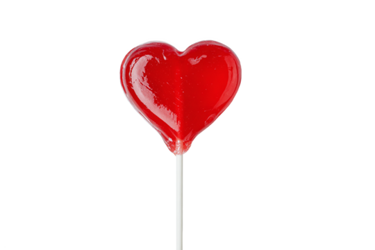 Red heart-shaped lollipop isolated on white transparent background