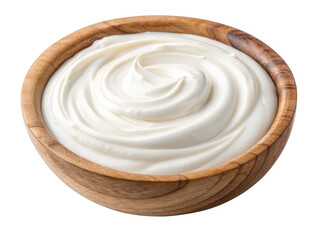 Creamy white yogurt or sour cream swirled in a wooden bowl isolated on transparent background