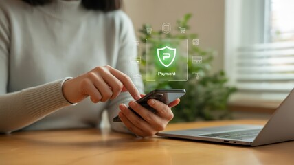 Person using a smartphone for secure payment with laptop on a wooden desk at home or in the office