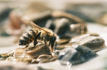 A bee delicately gathers nectar from shimmering pebbles along a vibrant stream, immersed in surreal hues of pink and blue, showcasing the enchantment of nature's artistry and vitality