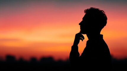 Silhouette of a Man Contemplating at Sunset Over Cityscape