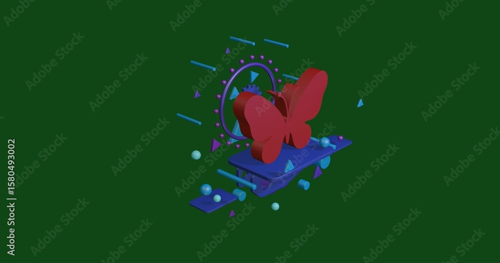 Poster red butterfly symbol on a pedestal of abstract geometric shapes floating in the air. abstract concep