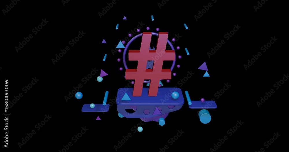 Aufkleber red hash symbol on a pedestal of abstract geometric shapes floating in the air. abstract concept art